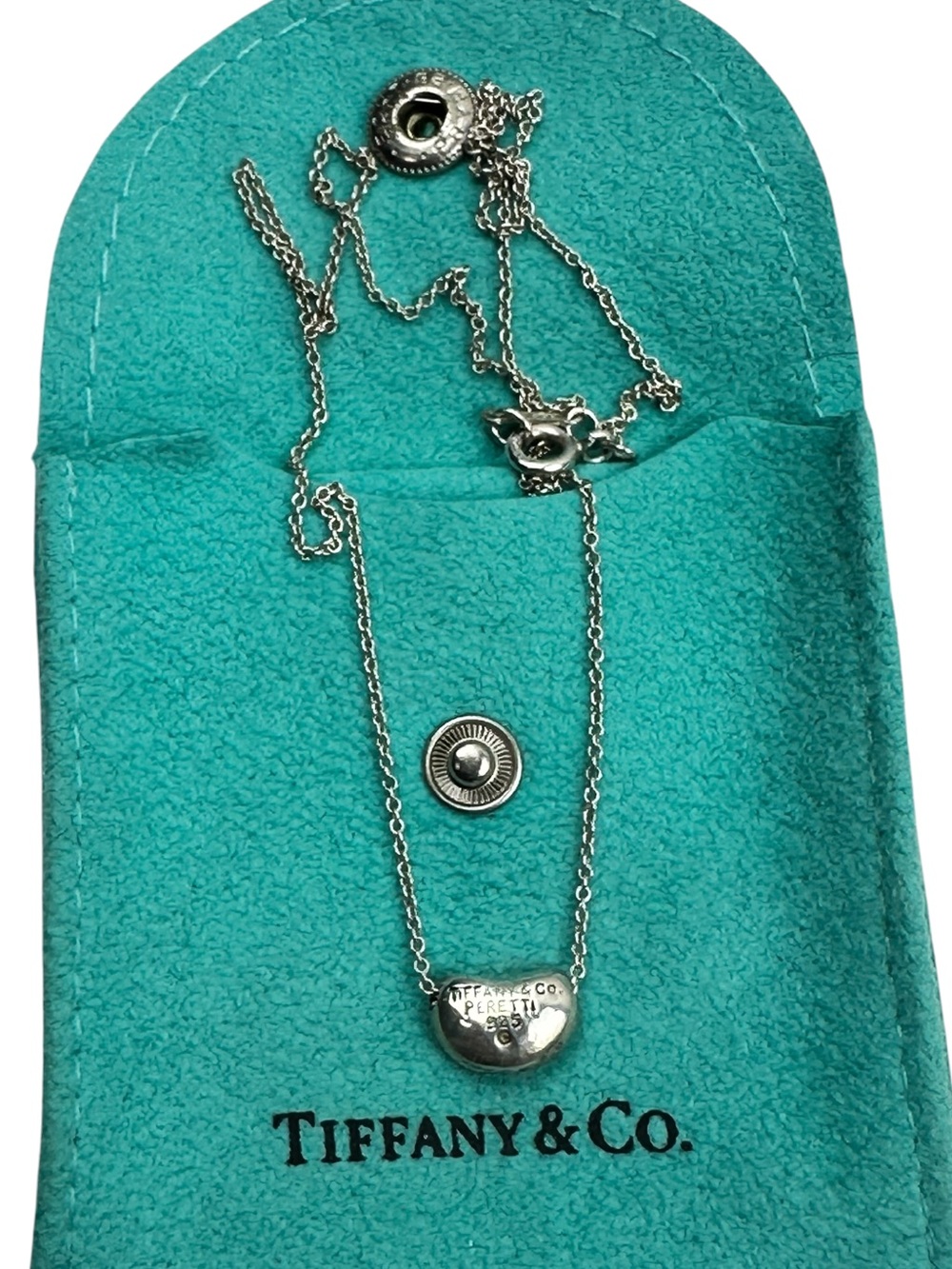 Tiffany & Co. Silver Elsa Peretti Bean Pendant Necklace with Pouch